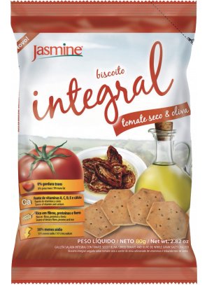 BISCOITO INT_tomate seco e oliva.png - Biscoito Integral Tomate seco e Oliva0% Gorduras Trans;30% Menos Sódio ;Rico em fibras, proteínas e ferro ;Fonte de vitaminas A, C, D, E e Cálcio;Ingredientes: Farinha de trigo integral, farinha de trigo fortificada com ferro e ácido fólico, óleos vegetais (milho e palma), melado de cana, amido de milho, extrato de malte, sal, tomate desidratado em pó, salsa, azeite de oliva, vitaminas (C, E, A e D), agentes de crescimento (fosfato monocálcico, bicarbonato de sódio, bicarbonato de amônio), aromas e estabilizante natural lecitina de soja. CONTÉM GLÚTEN.Disponível na versão: 80g. 